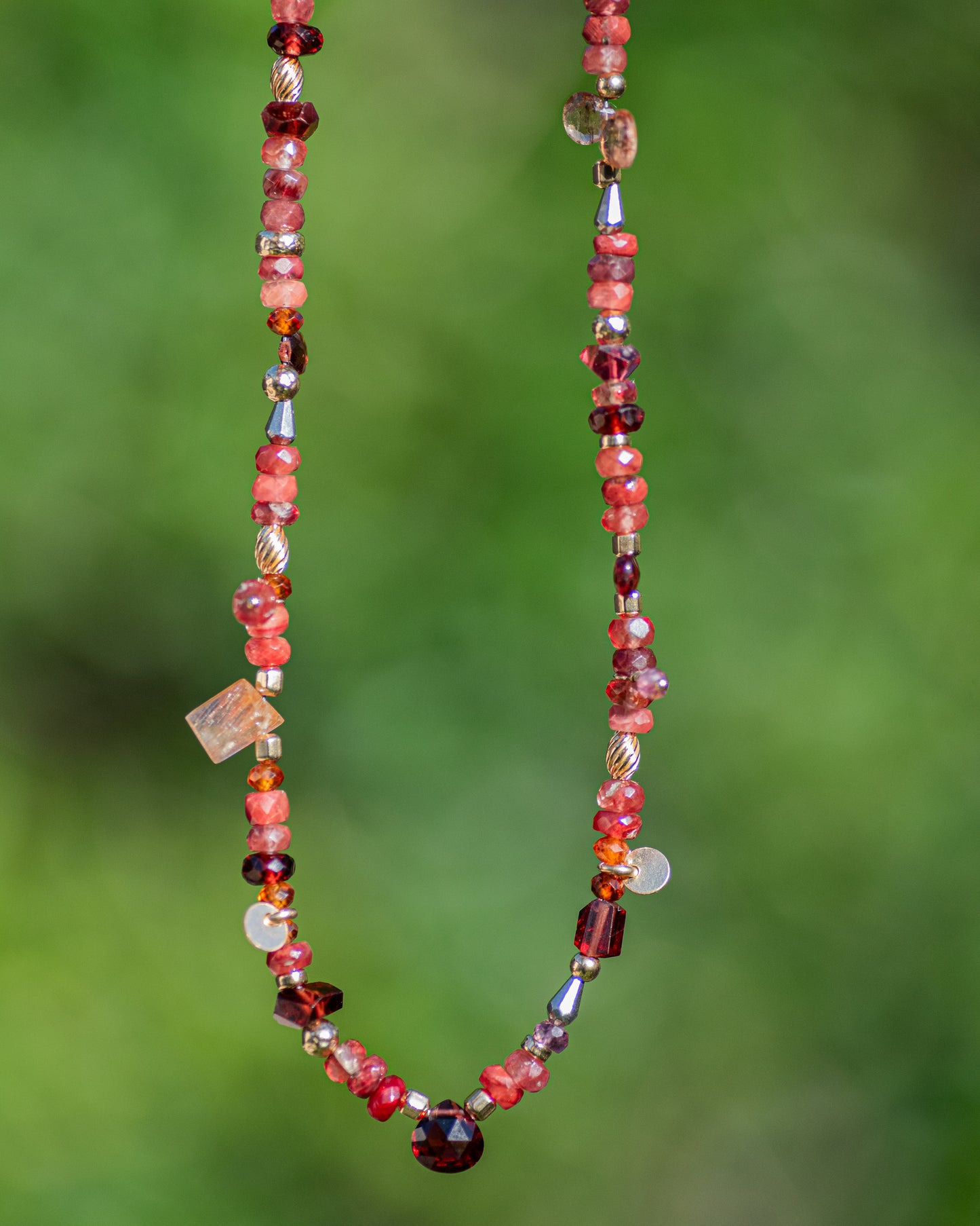 Andesine & Mozambique Garnet Gemstone Beaded Necklace