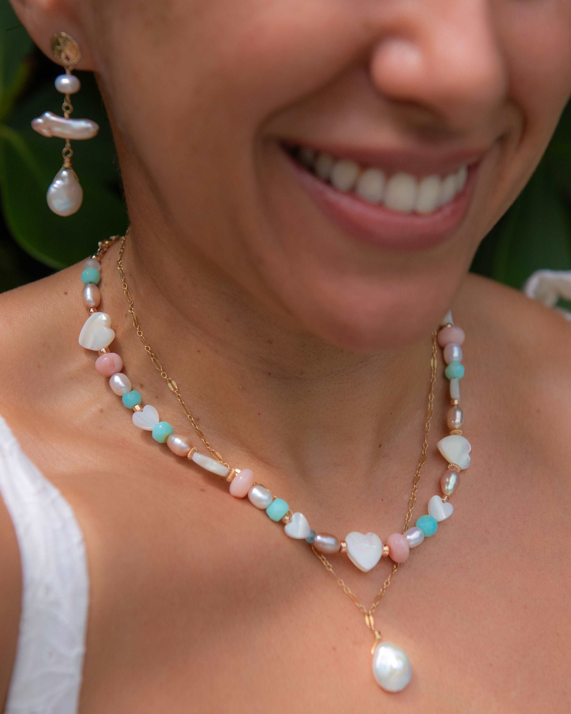 Mother of Pearl Heart Pink & Blue Opal Necklace