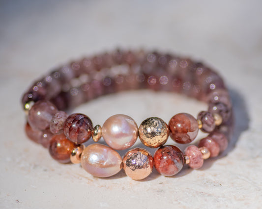 Strawberry Quartz Baroque Pearl Beaded Bracelet Rose or Yellow Gold