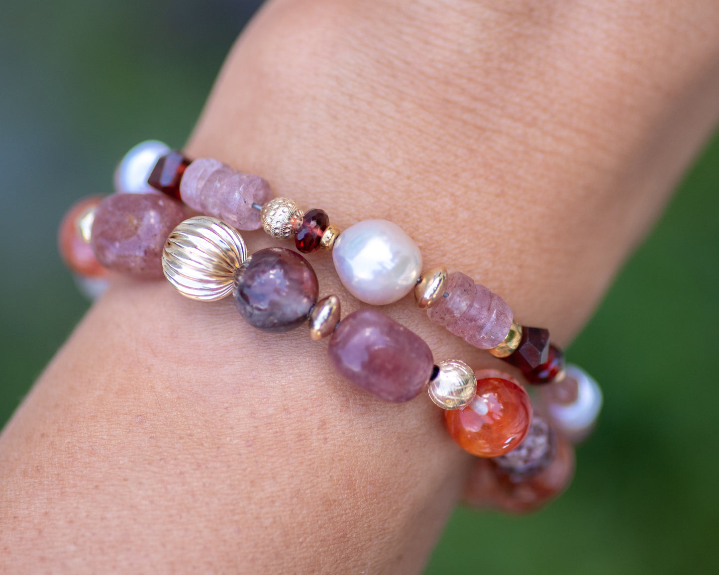 Strawberry Quartz & Garnet Pearl Gemstone Bracelet