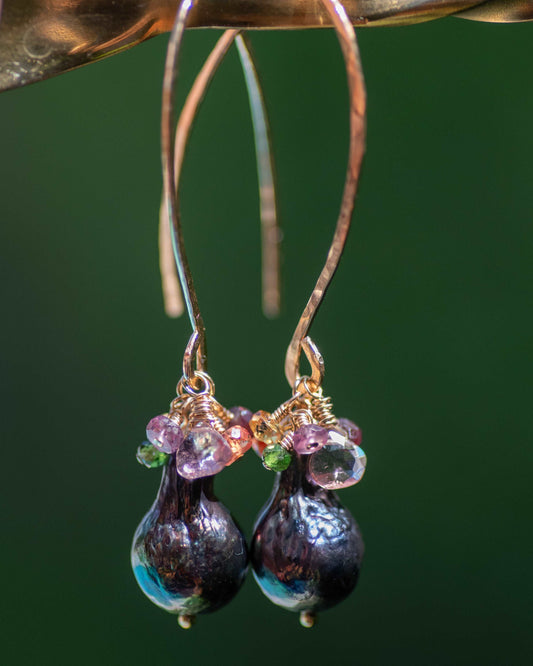 Peacock Pearl & Tourmaline Cluster  Gemstone Earrings