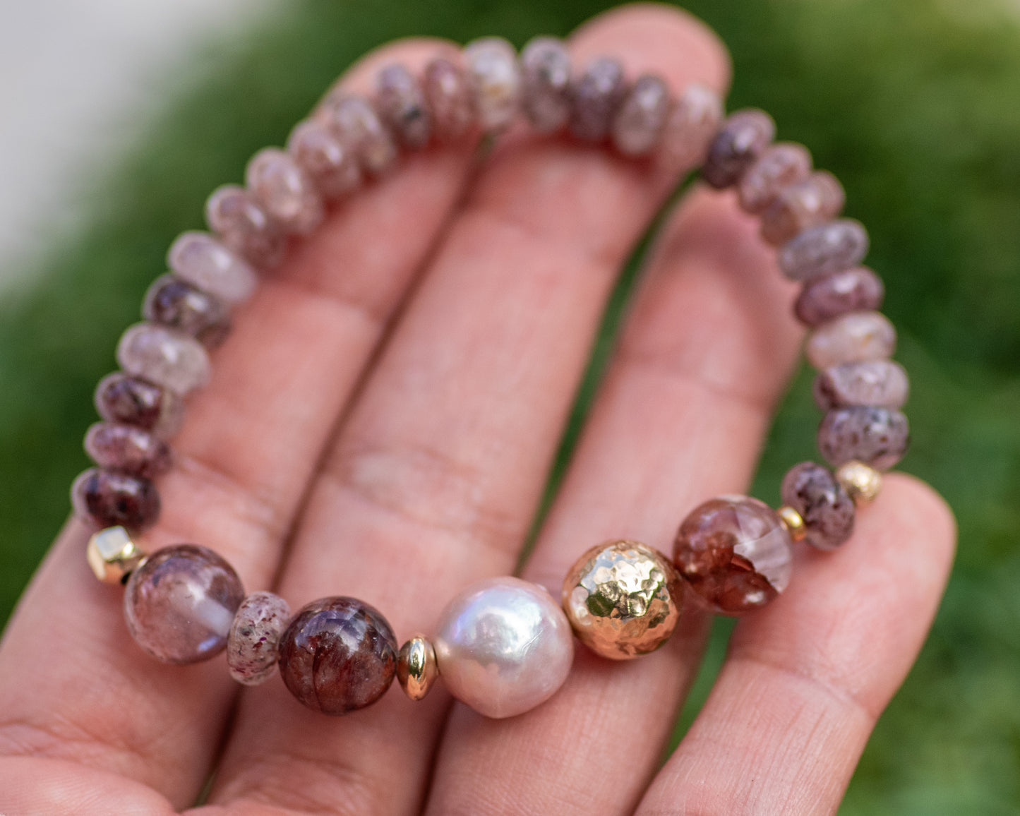 Strawberry Quartz Baroque Pearl Beaded Bracelet Rose or Yellow Gold