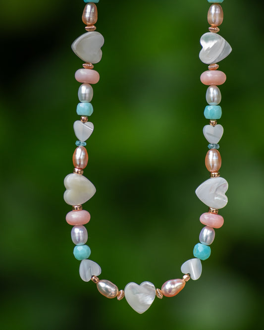 Mother of Pearl Heart Pink & Blue Opal Necklace