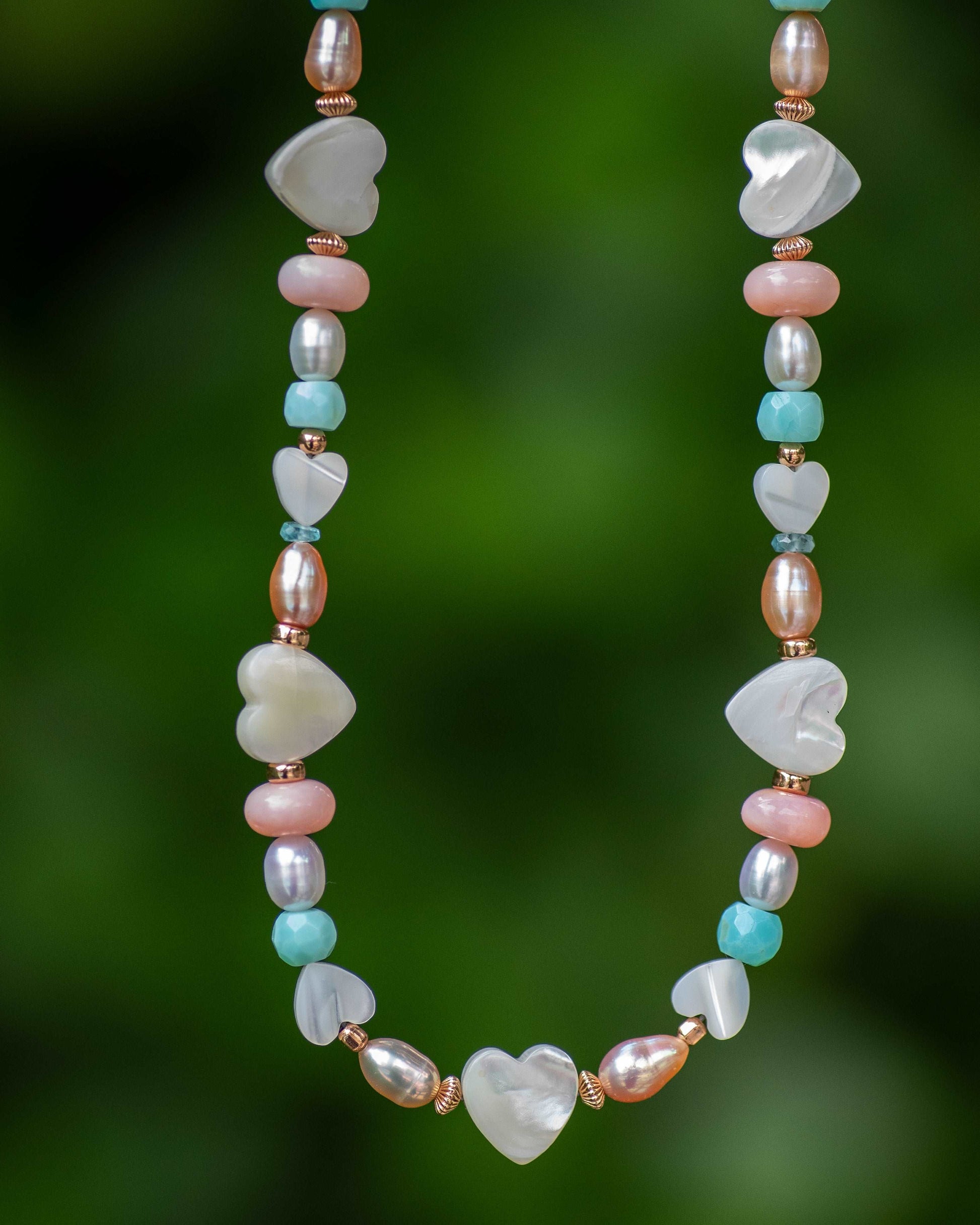 Mother of Pearl Heart Pink & Blue Opal Necklace