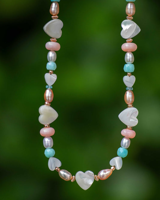 Mother of Pearl Heart Pink & Blue Opal Necklace